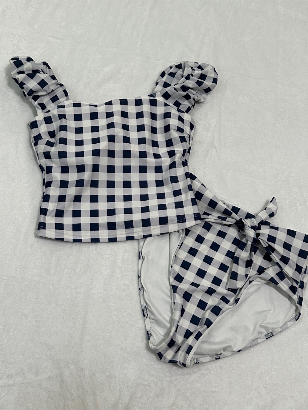 Gingham Ruffle Strap Tankini Bikini Set - Navy & White